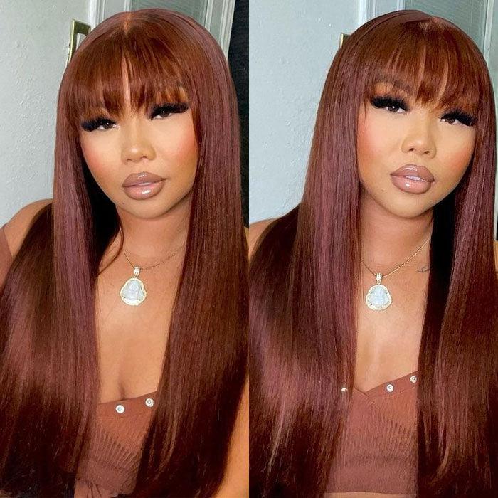 Reddish Brown Straight 13x4 Lace Front Wig With Bangs Machine Made Human Hair Wig Easy to Go hermosahair