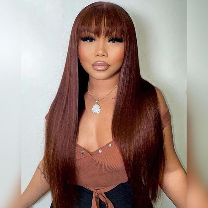 Reddish Brown Straight 13x4 Lace Front Wig With Bangs Machine Made Human Hair Wig Easy to Go hermosahair