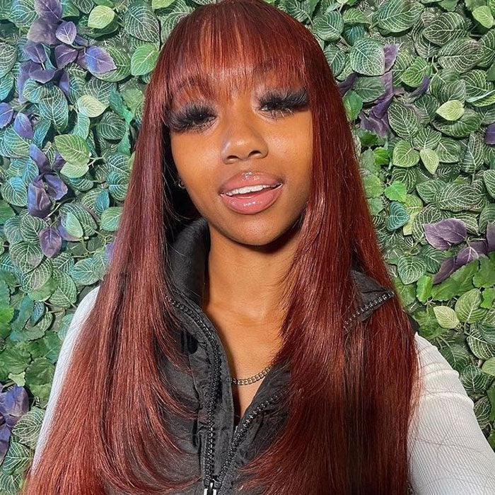 Reddish Brown Straight 13x4 Lace Front Wig With Bangs Machine Made Human Hair Wig Easy to Go hermosahair