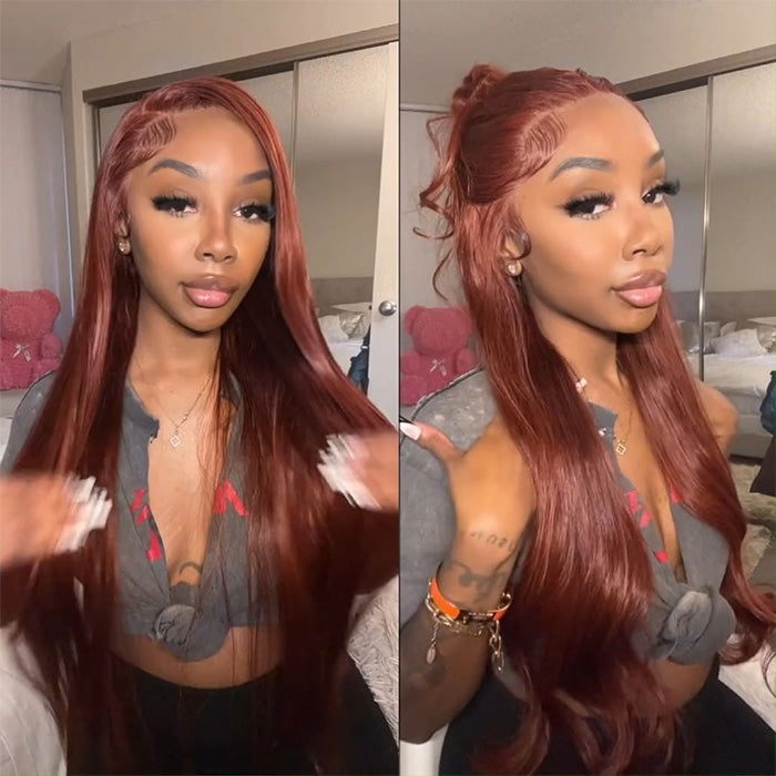 #33 Red Brown Auburn Colored Straight Lace Front Wig 13x4 13x6 HD Transparent Lace Frontal Wigs - 1984brand