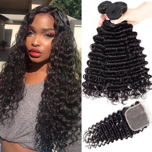 Peruvian Deep Wave 3 Bundles with 4*4 Lace Closure Virgin Human Hair Hermosa Hair