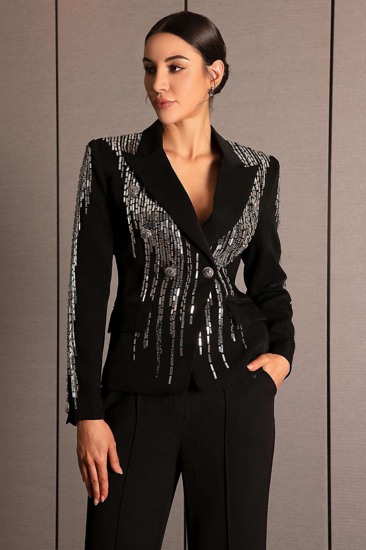 Faidra Rhinestone Double Breasted Lapel Blazer Acmefun