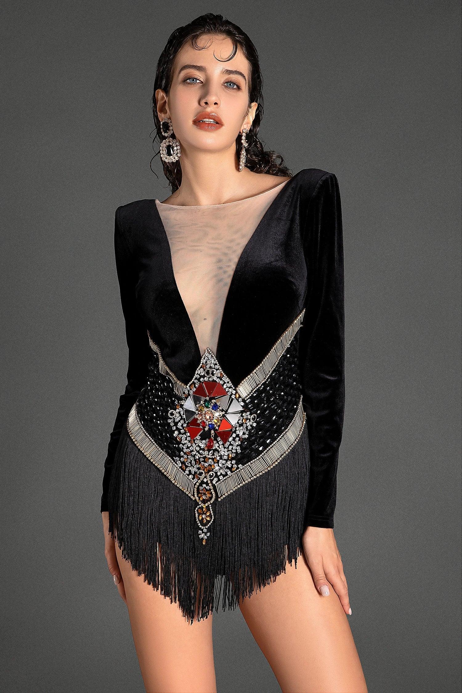 Kaniadi Long Sleeve Velvet Crystal Fringe Bodysuit Acmefun