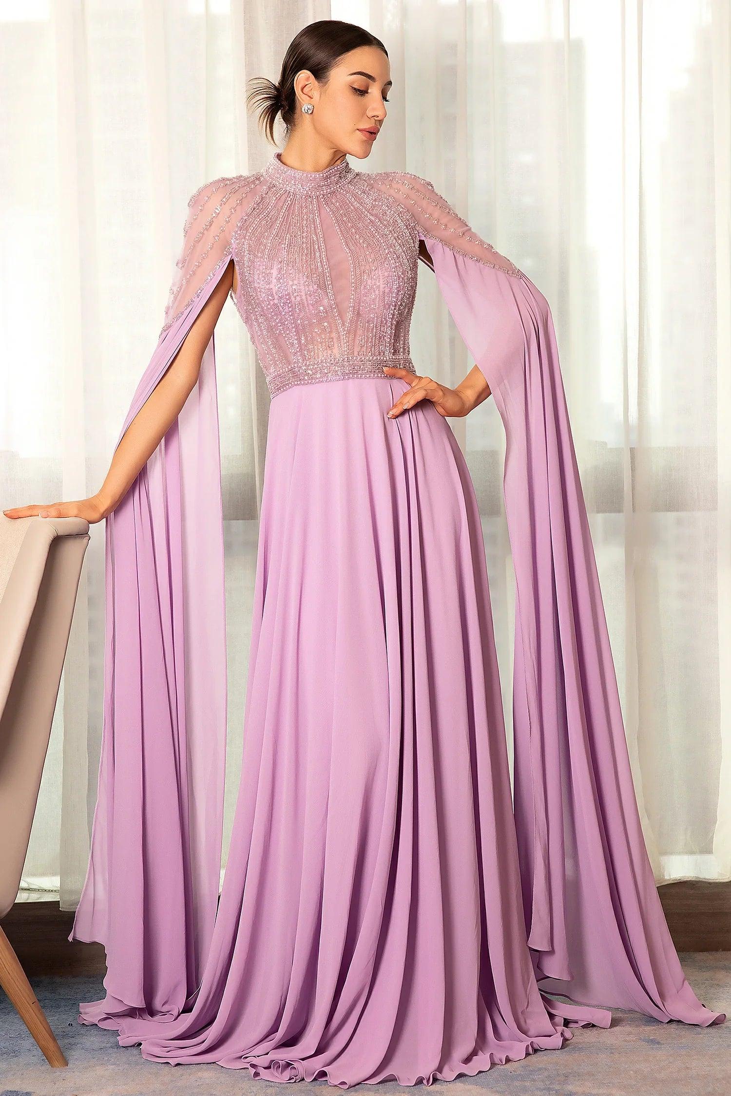 Stathiade Beaded Cape See-Through Evening Gown Dress Acmefun