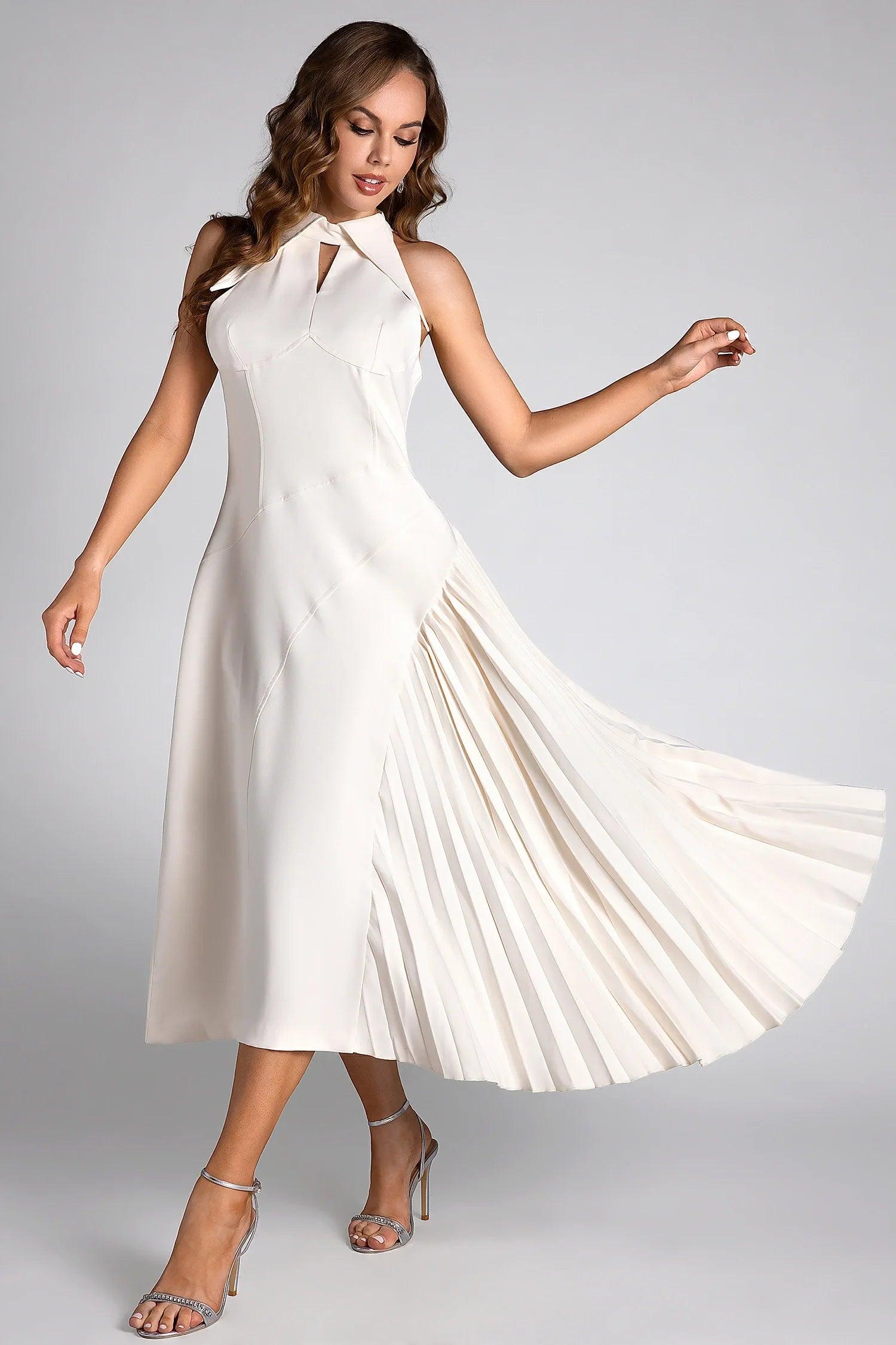 Debby White Halter Neck Pleated Semi Formal Dress Acmefun