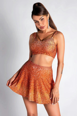 Pre-Sale Melaki Orange Rhinestone 3 Piece Skirt Set Acmefun