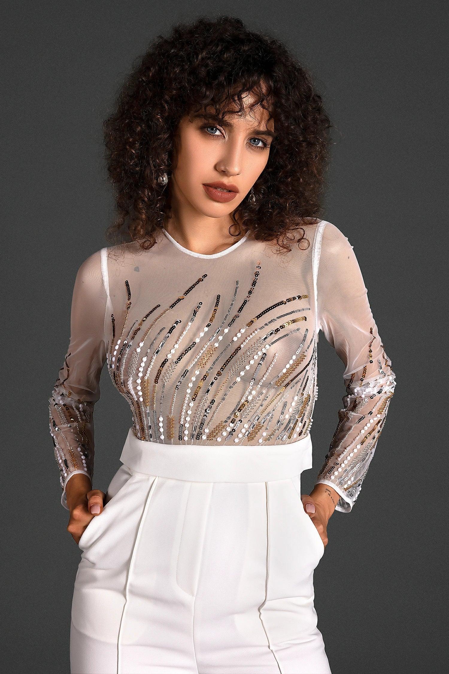 Samanta Transparent Mesh Sequin Bead Jumpsuit