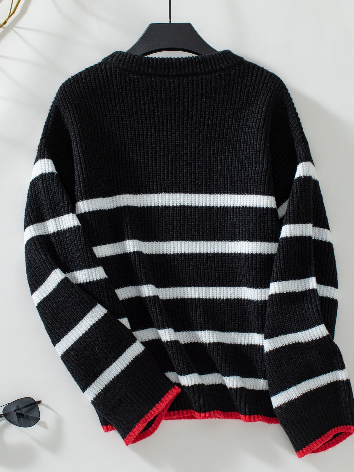 Striped Round Neck Dropped Shoulder Sweater Trendsi