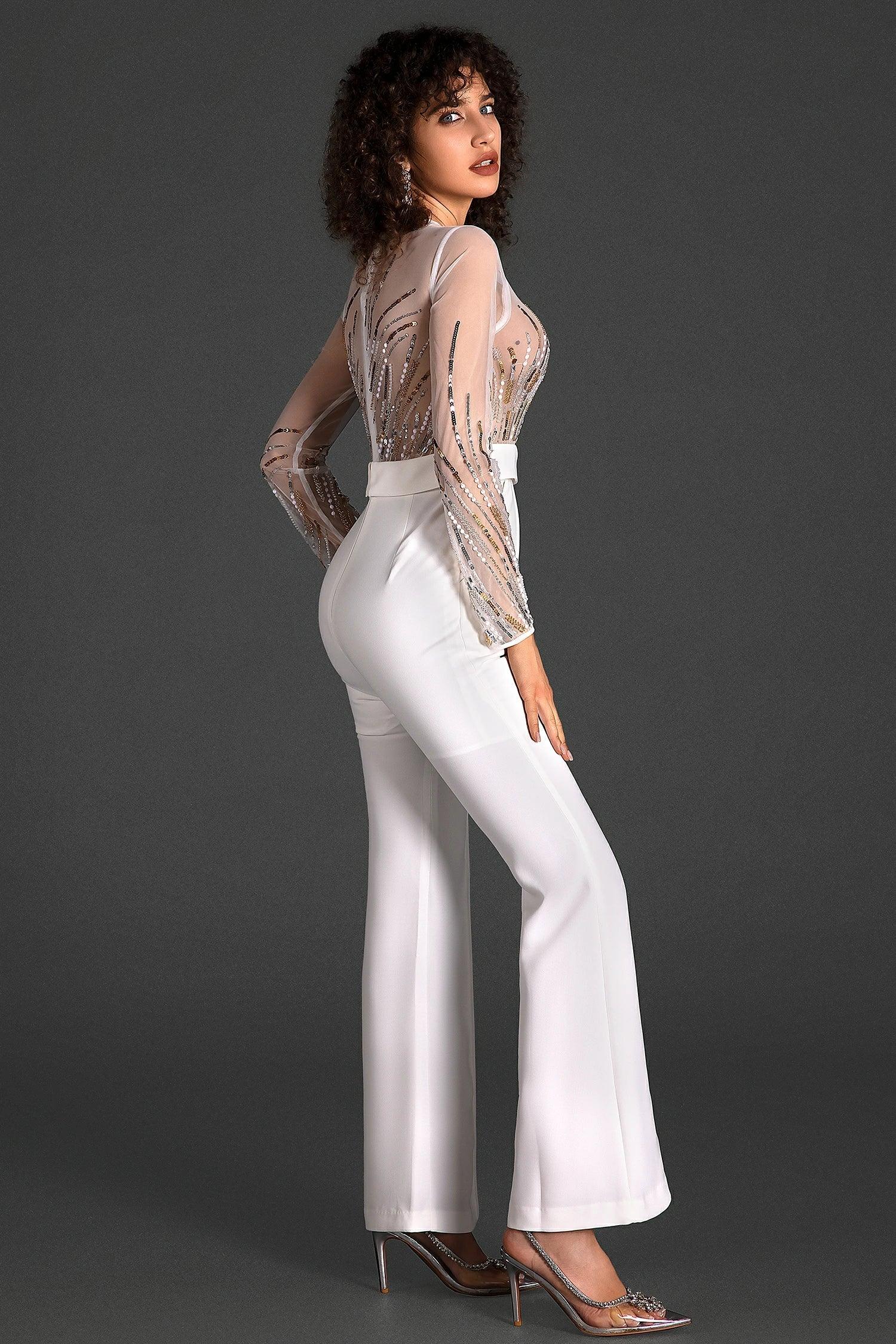 Samanta Transparent Mesh Sequin Bead Jumpsuit