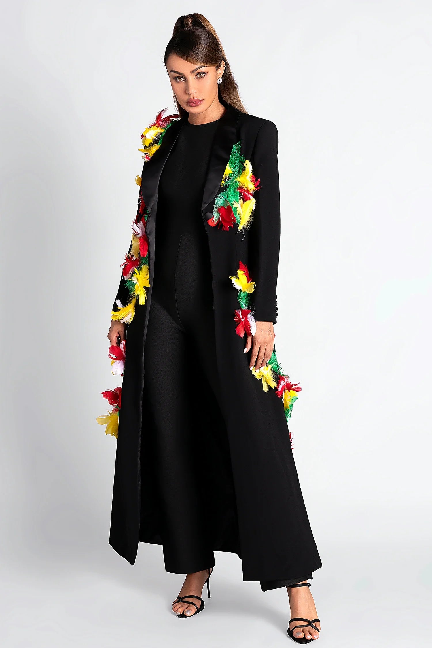 Ebonee Feather Embellished Long Coat