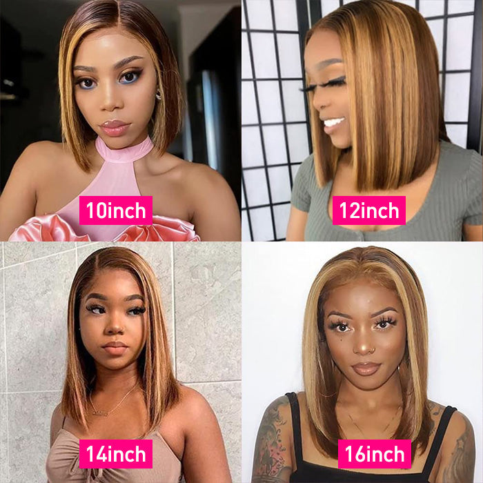 P4/27 Highlight Short Straight Bob 4x4 Lace Closure Wig 100% Human Virgin Hair 150% Density hermosahair