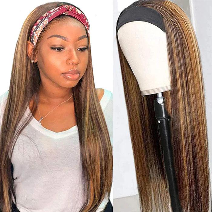 #4/27 Mix Color Highlights Headband Wigs 100% Virgin Human Hair No Gel No Glue Silk Scarf Wigs - 1984brand