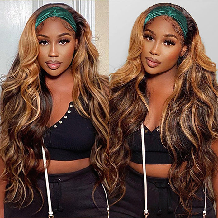 #4/27 Mix Color Highlights Headband Wigs 100% Virgin Human Hair No Gel No Glue Silk Scarf Wigs - 1984brand