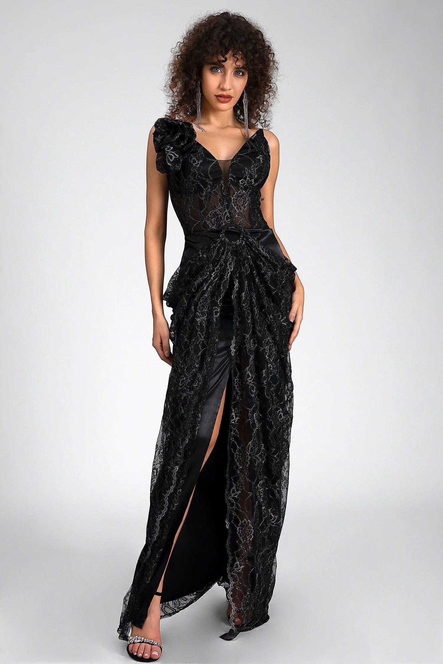 Fotini Strapless High Slit Lace Dress