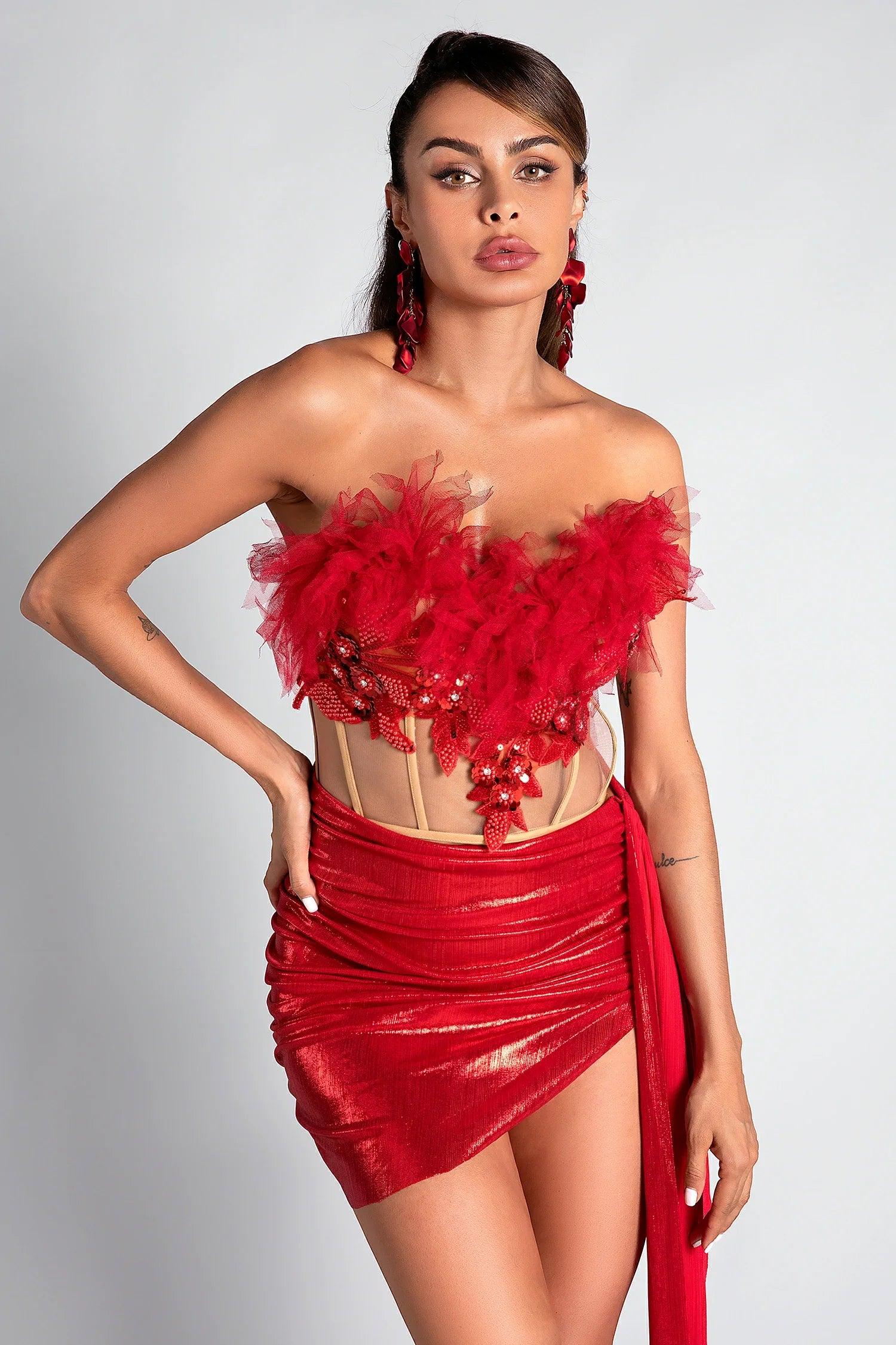 Pelagia Feather Corset Metallic 2 Piece Set Acmefun