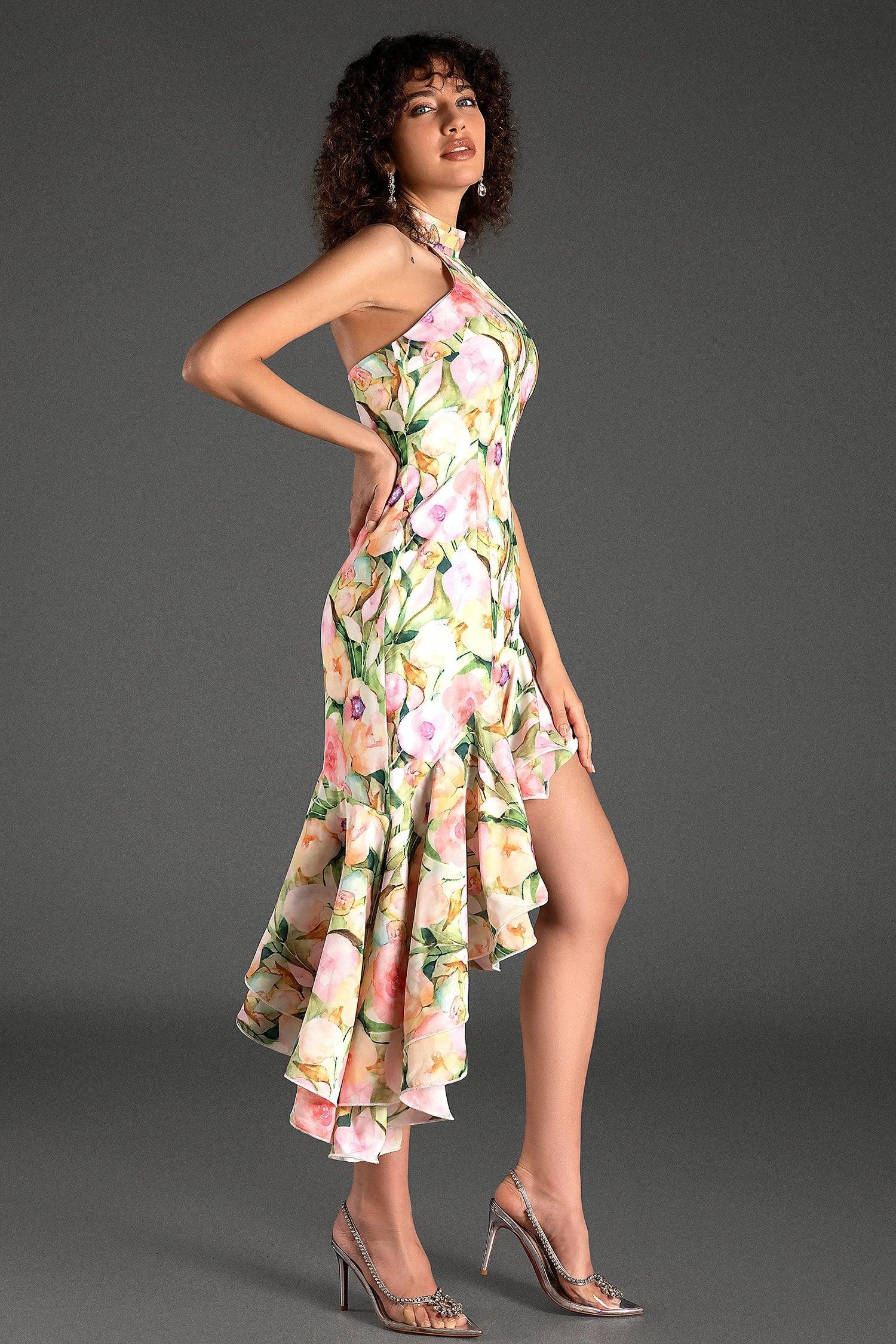 Gereas Halter Floral Ruffle Dress