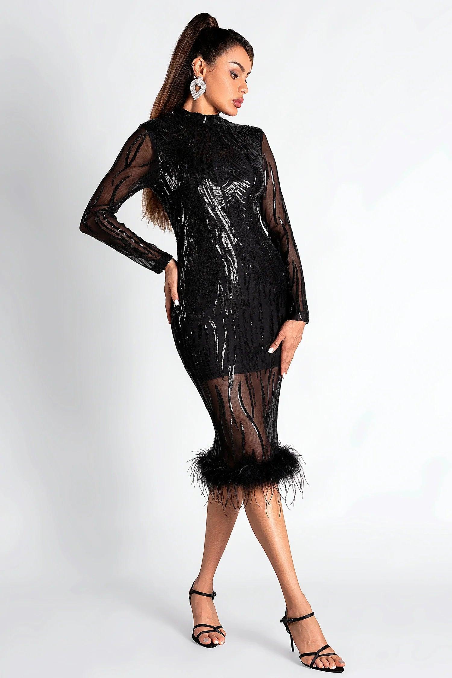 Smendes Sequin Mesh Feather Dress Acmefun