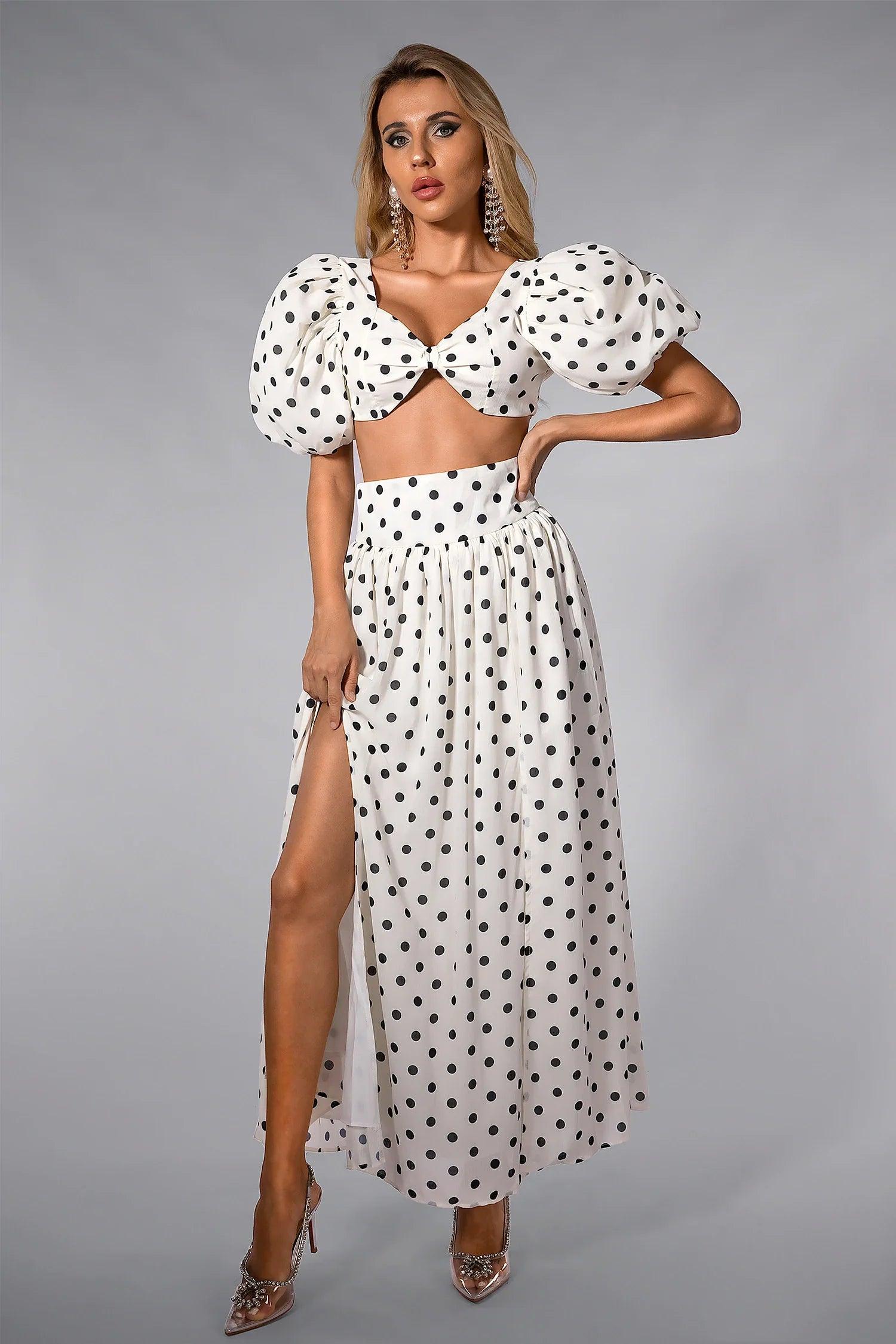 Olinda Polka Dot Mini Top with High Slit Skirt Set