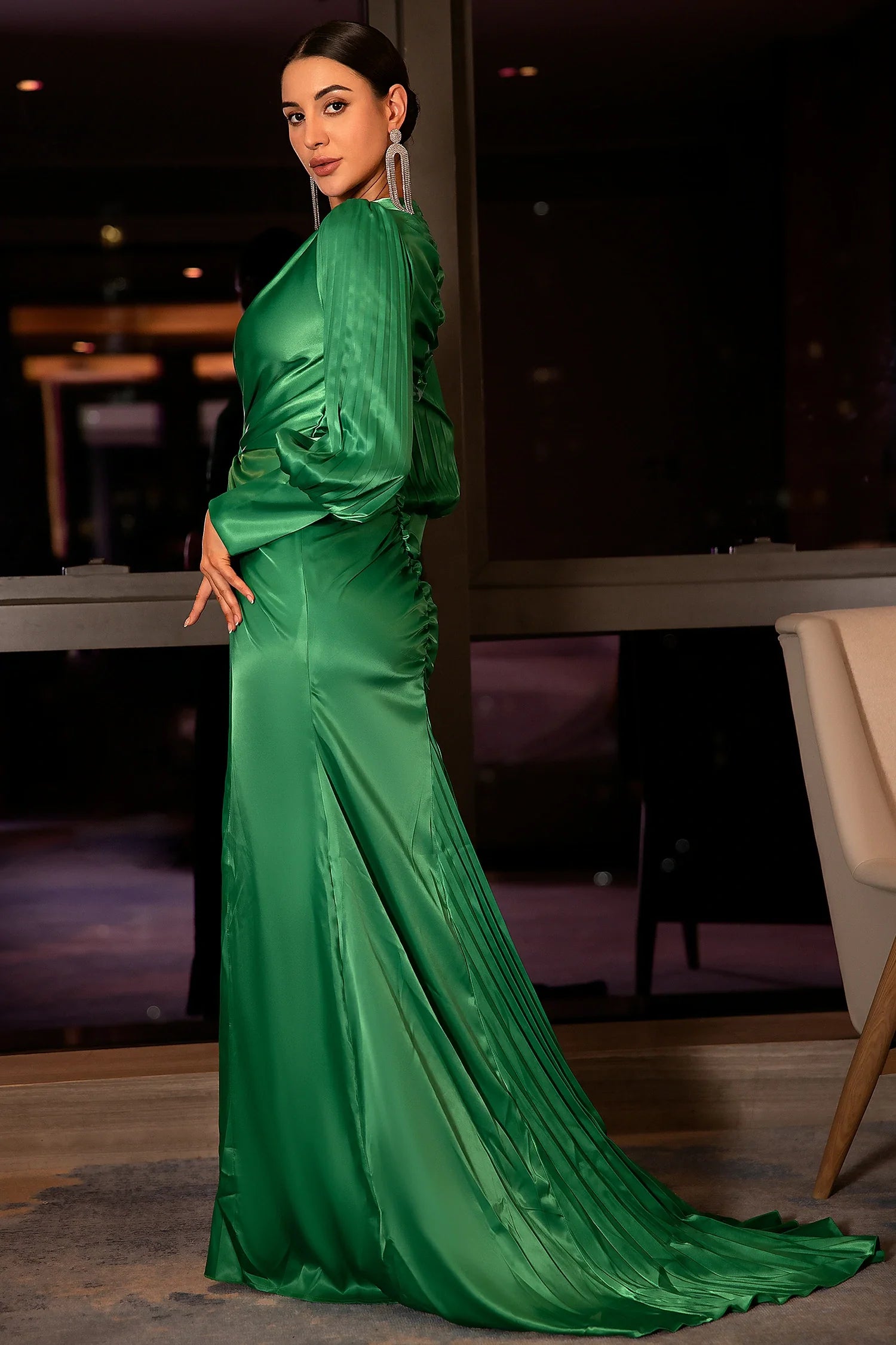 Xanthippi Emerald Deep V Pleated Maxi Dress