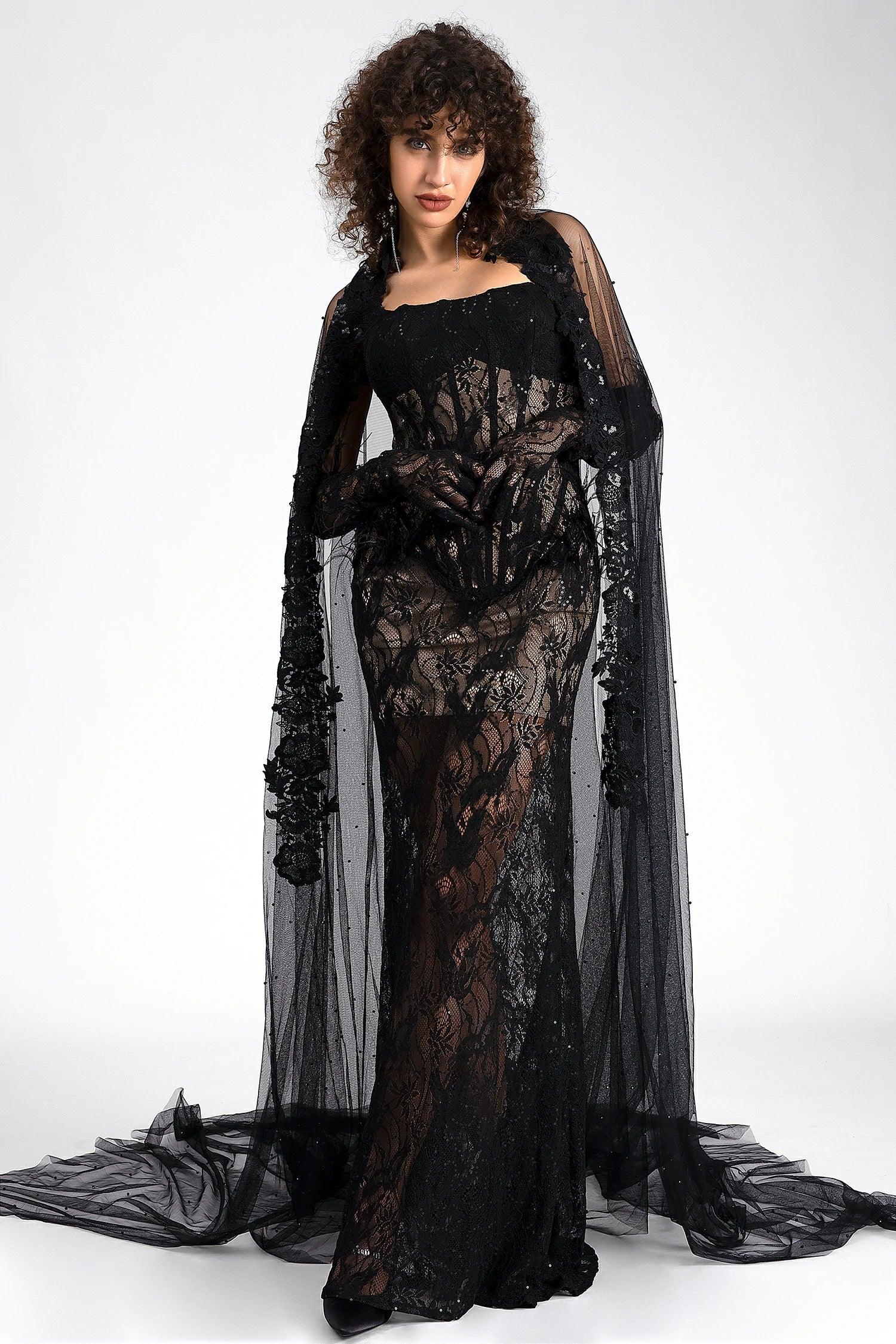 Chryssa Tube Corset Lace Maxi Dress With Gloves and Veil