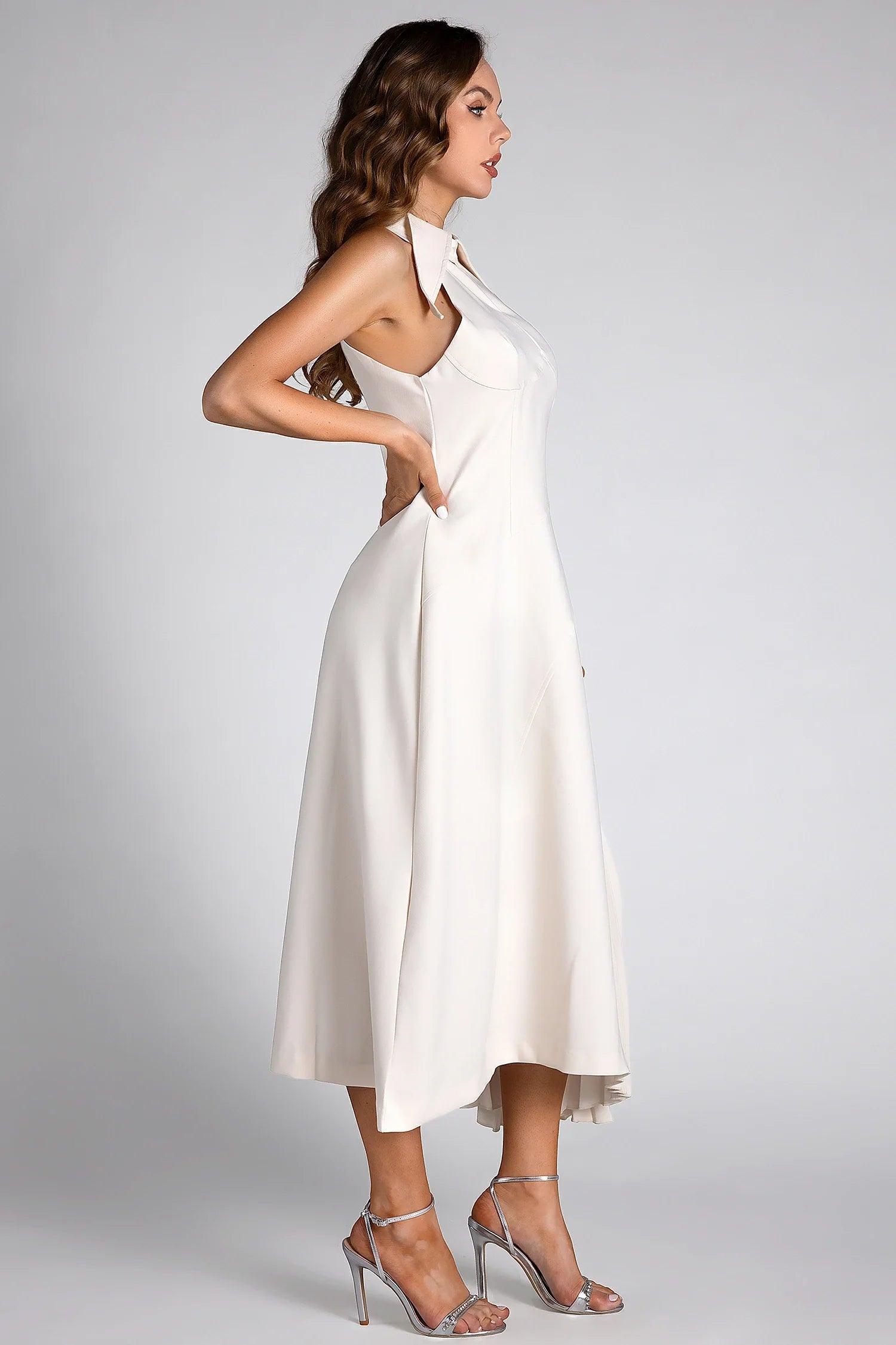 Debby White Halter Neck Pleated Semi Formal Dress Acmefun