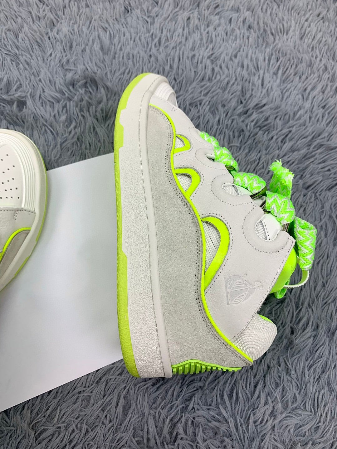 Premium  Women Leather Curb Sneaker white fluorescent yellow