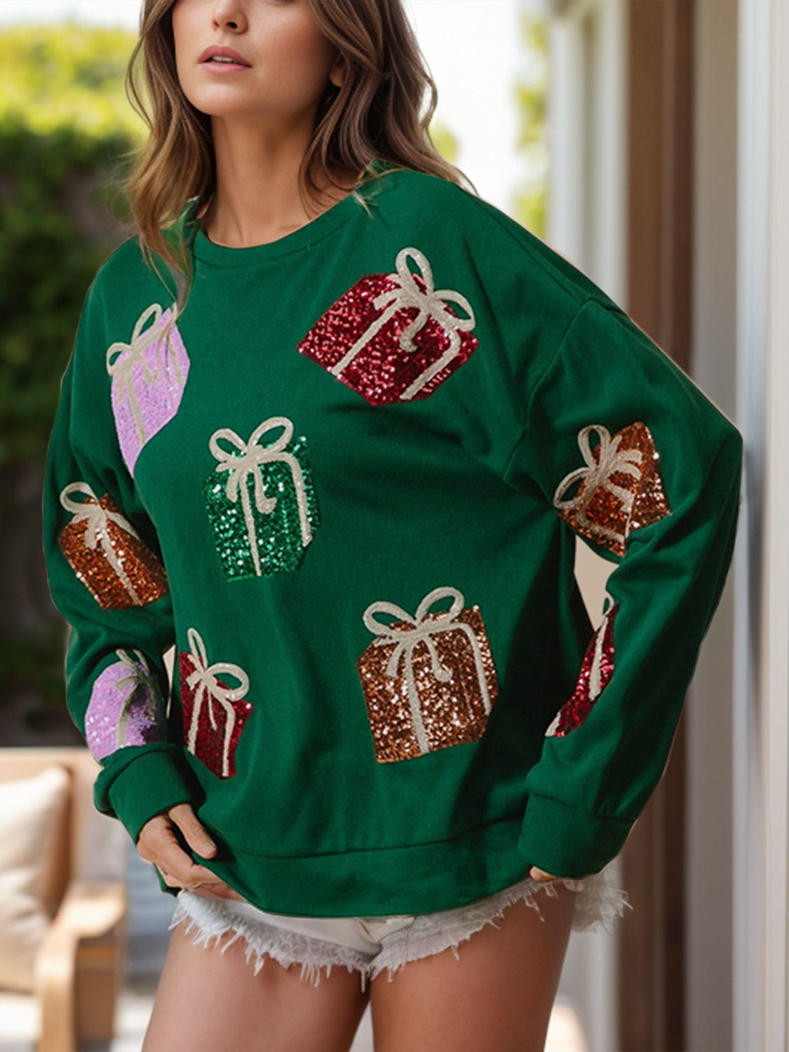 Sequin Gift Box Long Sleeve Sweatshirt Trendsi