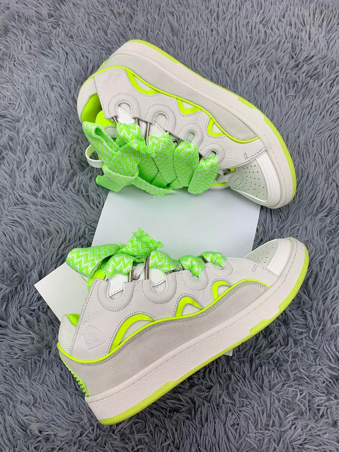 Premium  Women Leather Curb Sneaker white fluorescent yellow