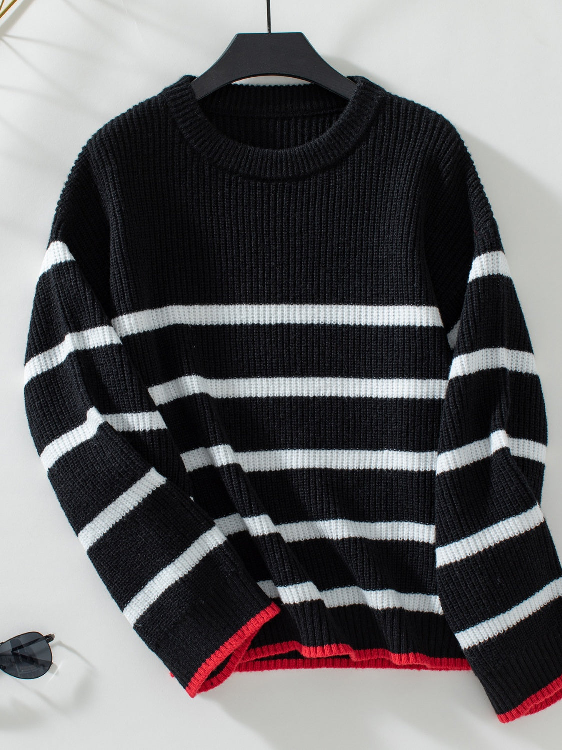 Striped Round Neck Dropped Shoulder Sweater Trendsi