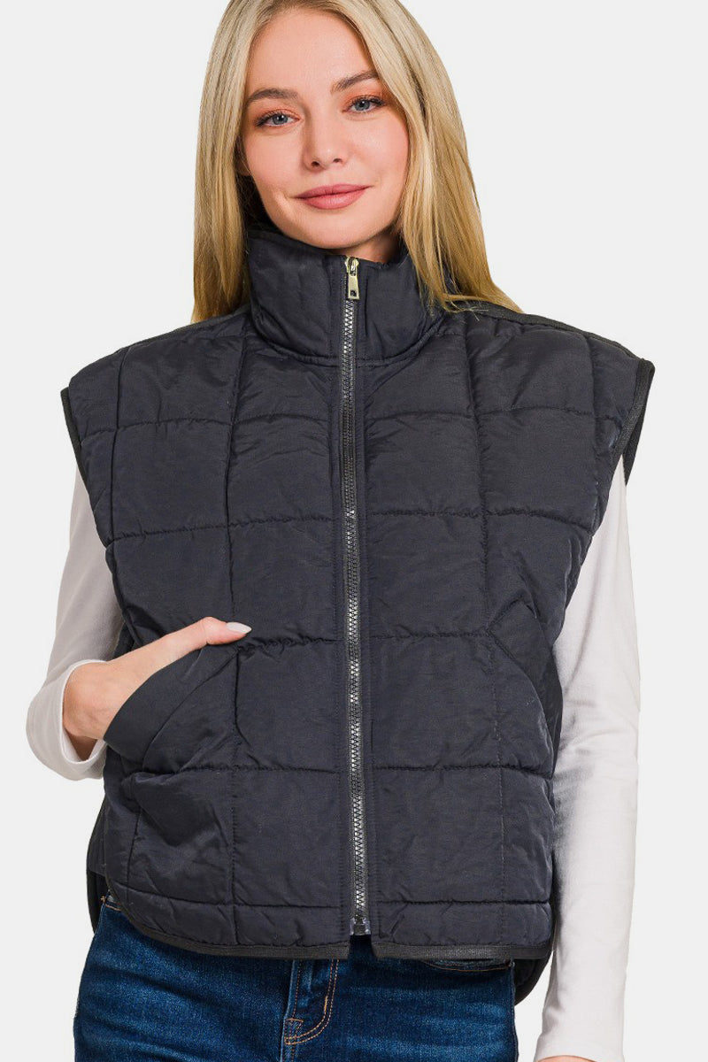 Zenana Zip Up Cropped Puffer Vest with Pockets Trendsi