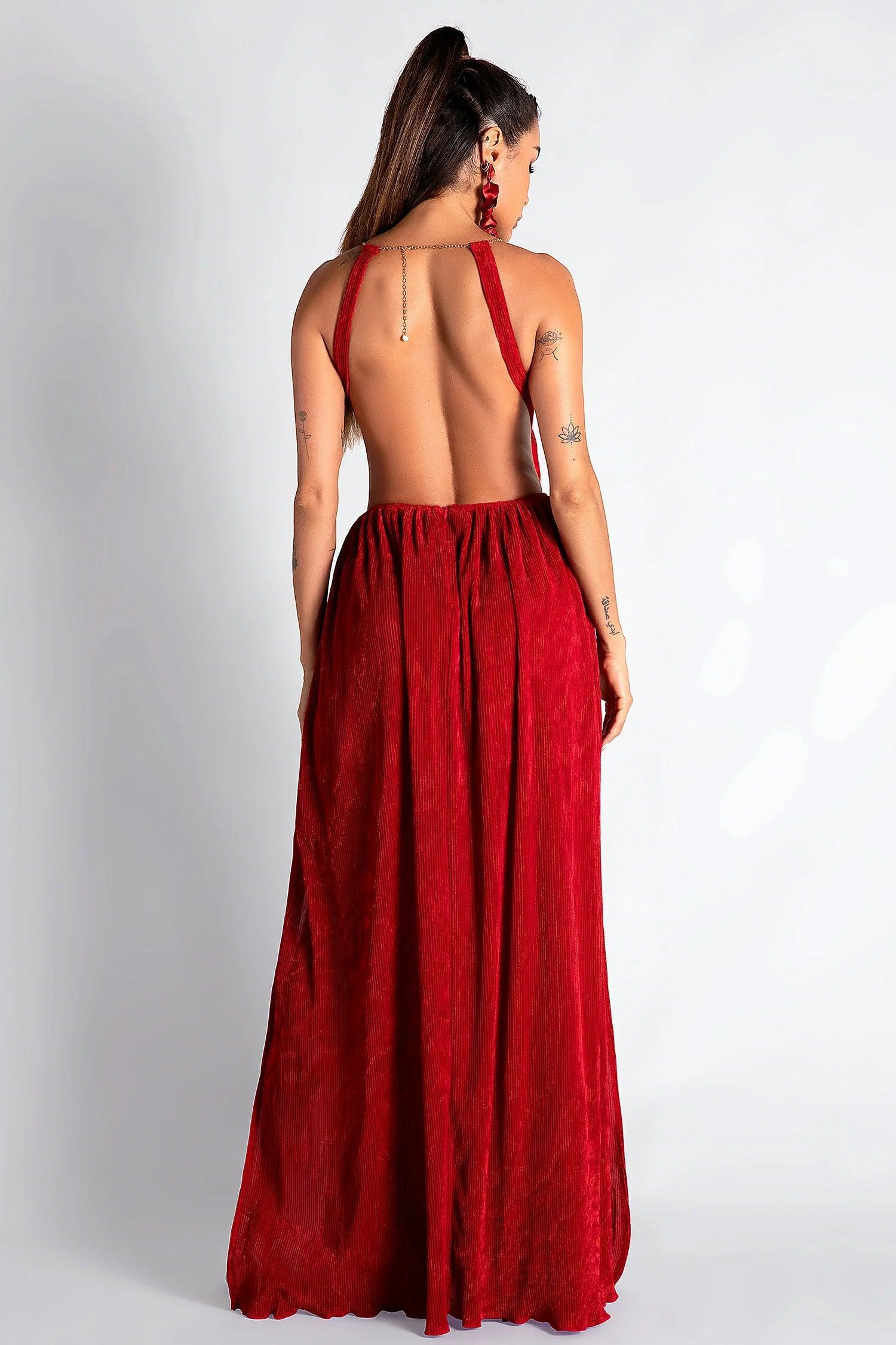 Taho High Slit Pleat Backless Dress Acmefun