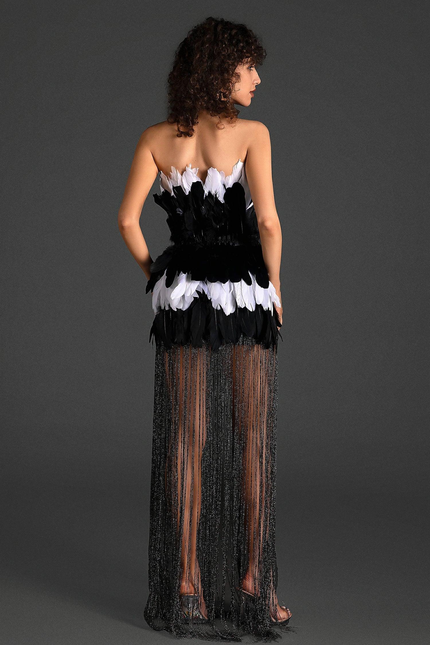 Agneli Strapless Feather Fringe Dress