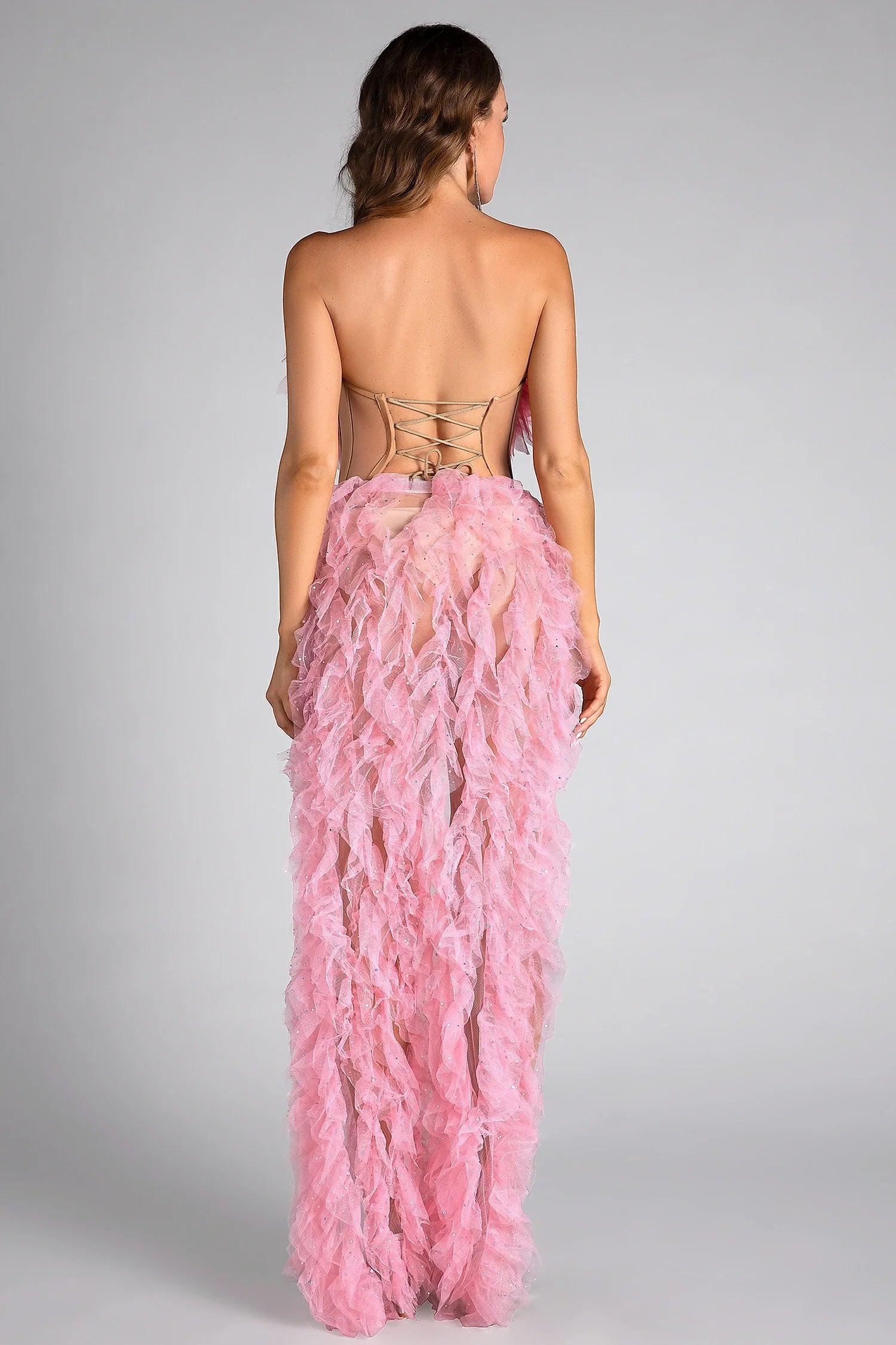 Eftychia Pink Feather High Slit Backless Dress Acmefun