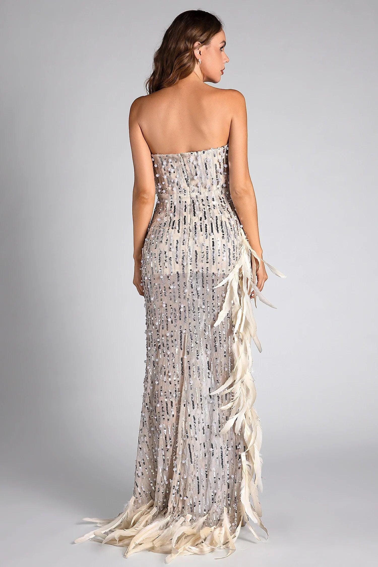 Rematou Off Shoulder Pearl Feather Slit Dress Acmefun