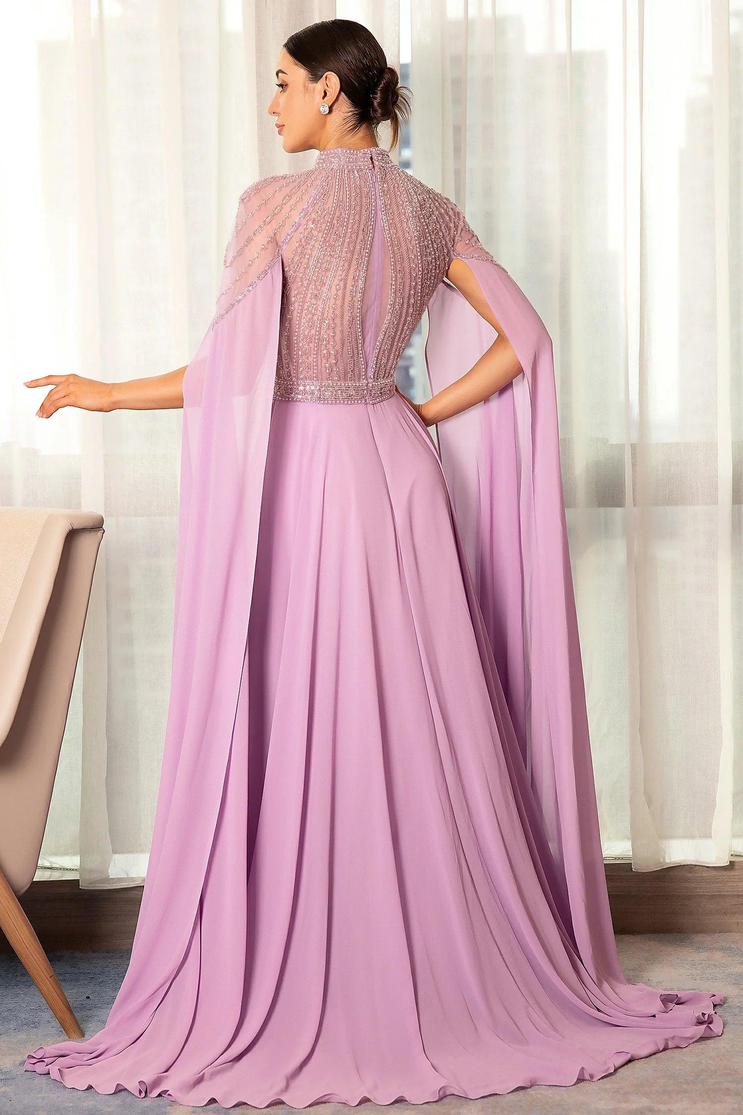 Stathiade Beaded Cape See-Through Evening Gown Dress Acmefun