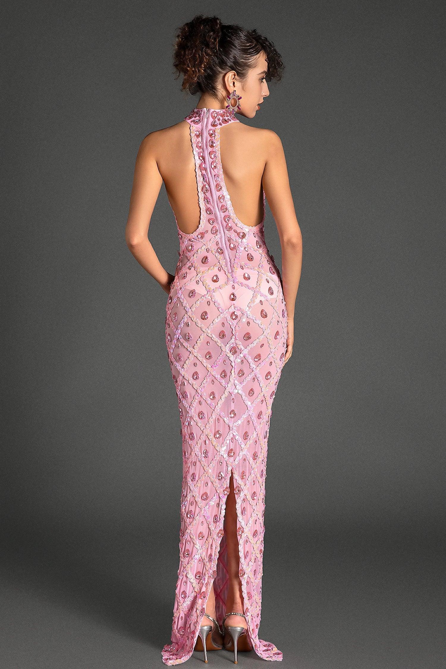 Vasilis Diamond Halter Neck Mermaid Dress In Pink Acmefun