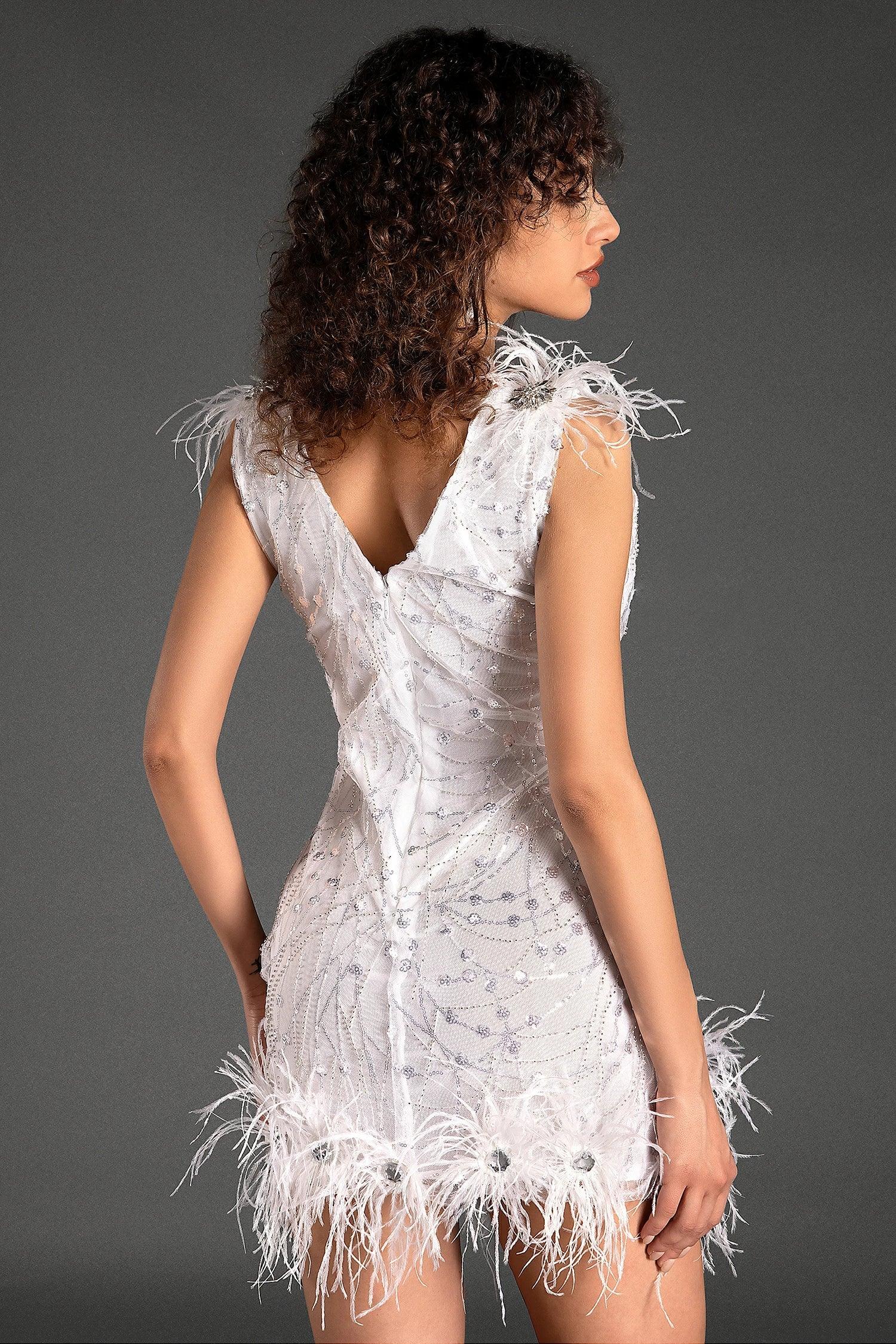 Pantelis V-Neck Sequin Feather Dress