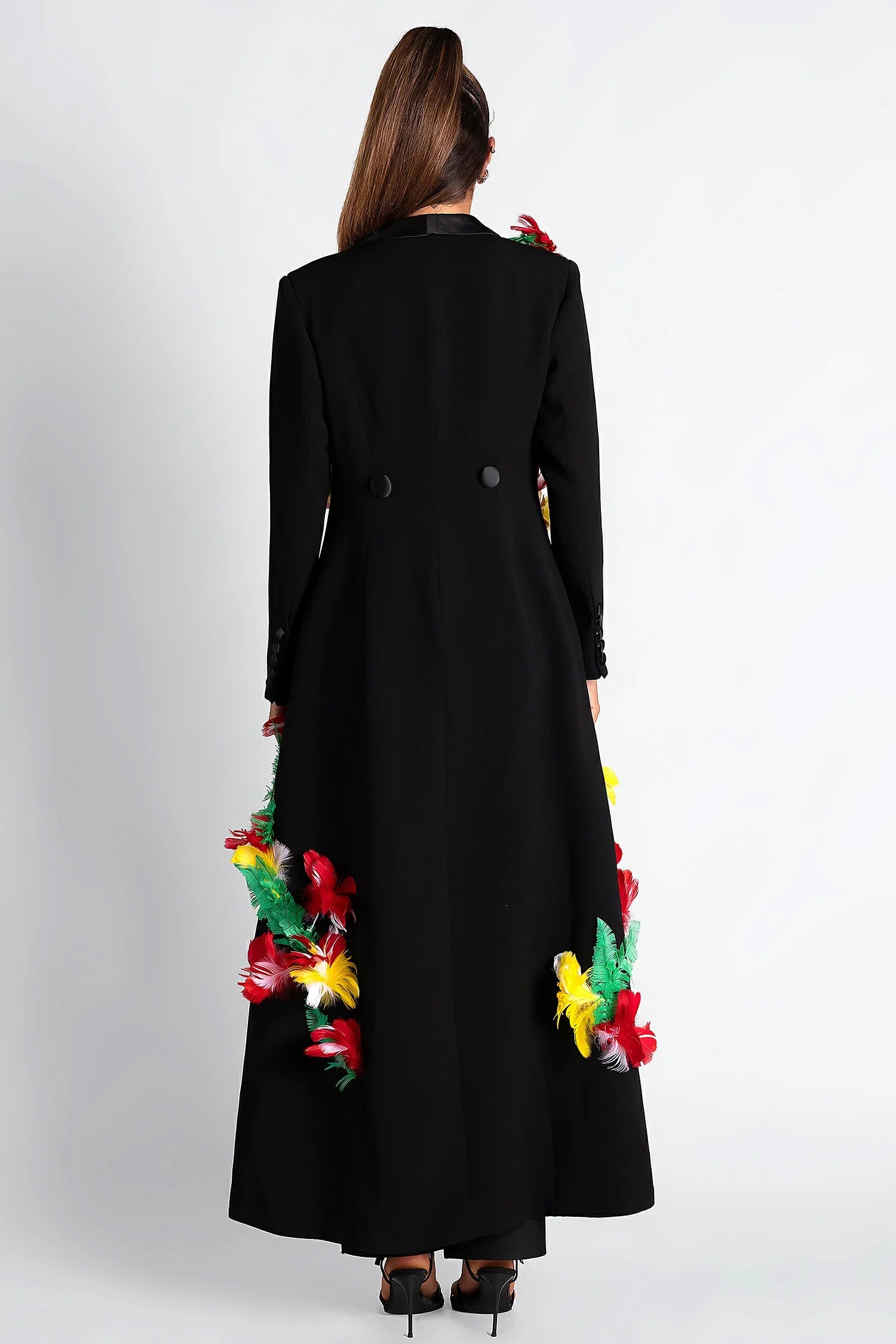 Ebonee Feather Embellished Long Coat