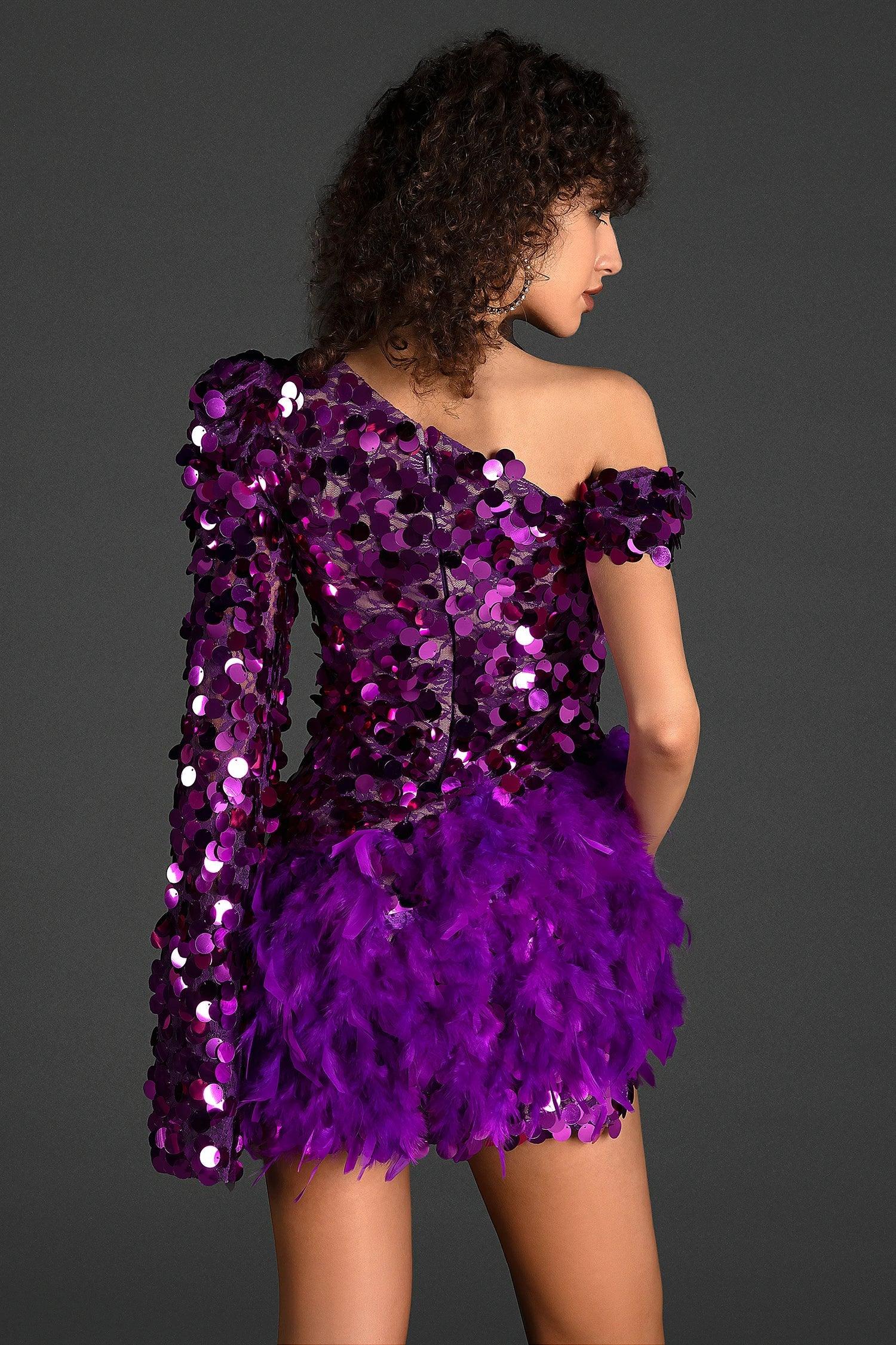 Mulelis Sequin Feather Mini Dress