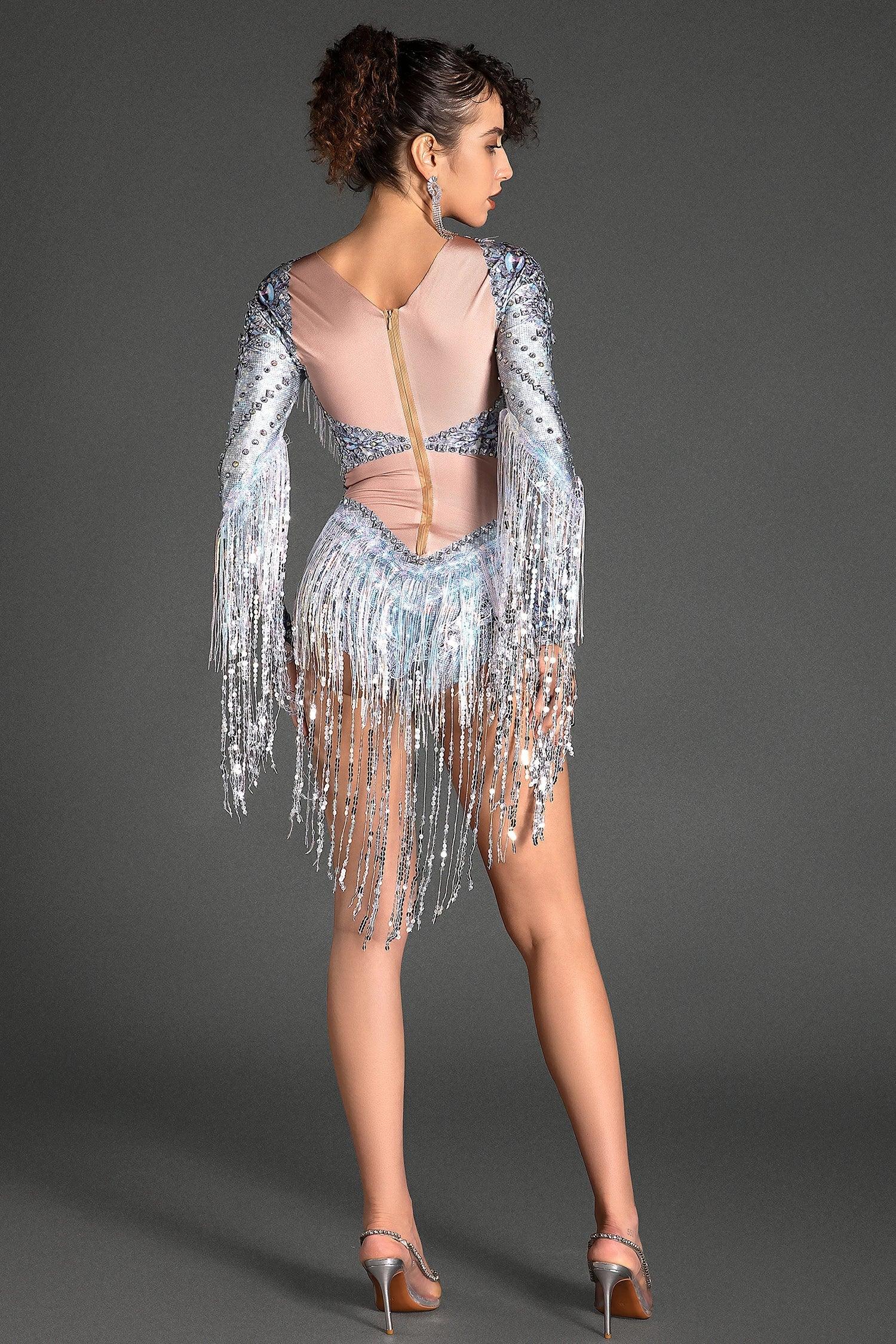 Savvas Crystal Sequin Fringe Bodysuit Acmefun