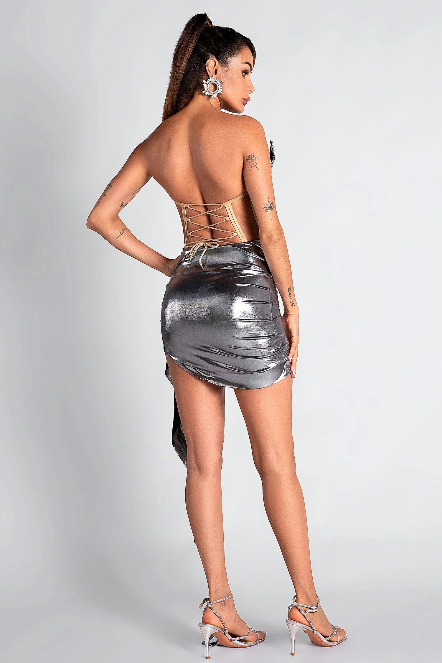 Mirto Silver Metallic Skirt Two-Piece Set Acmefun