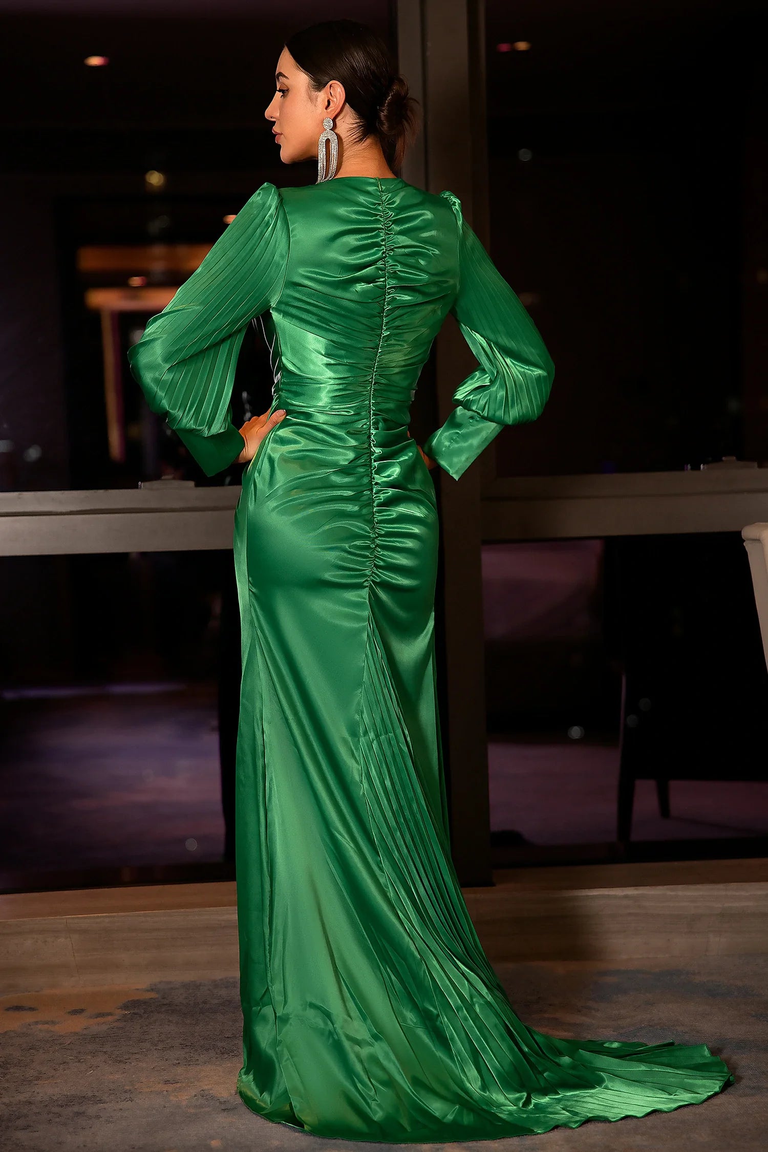 Xanthippi Emerald Deep V Pleated Maxi Dress