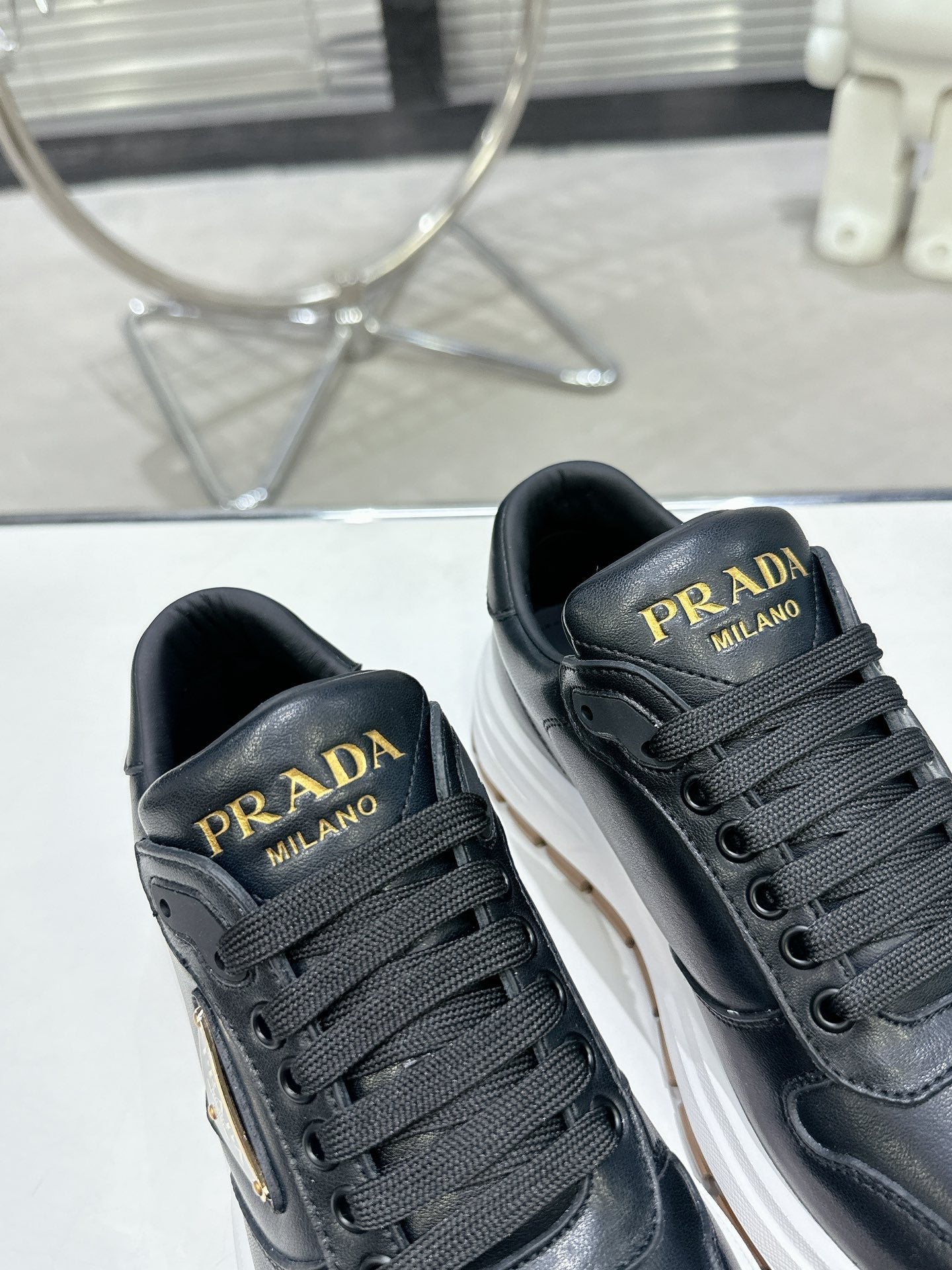 PRD Triangle Logo Leather Black Sneakers -047 Designer Sneakers