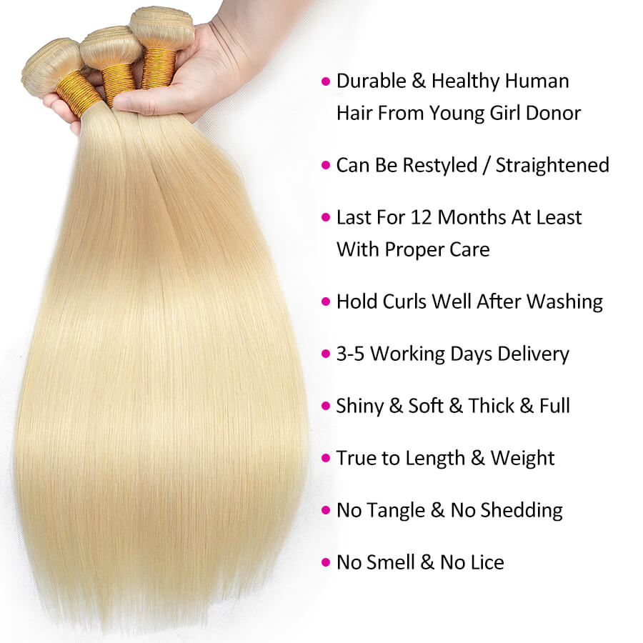 Color #613 Brazilian Straight Virgin Hair 3 Bundles 100% Unprocessed Human Hair Weave Hermosa Hair