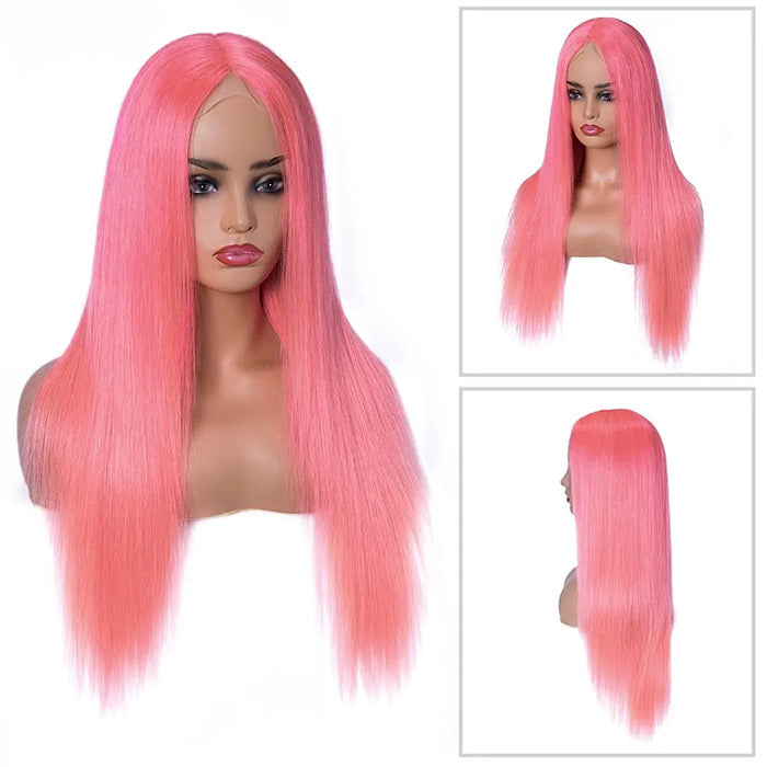 13x4 HD Lace Frontal  Human Hair Wigs Straight Pink Color Wig For Women Pre Plucked Bleached Knots - 1984brand