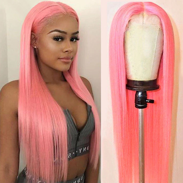 13x4 HD Lace Frontal  Human Hair Wigs Straight Pink Color Wig For Women Pre Plucked Bleached Knots - 1984brand