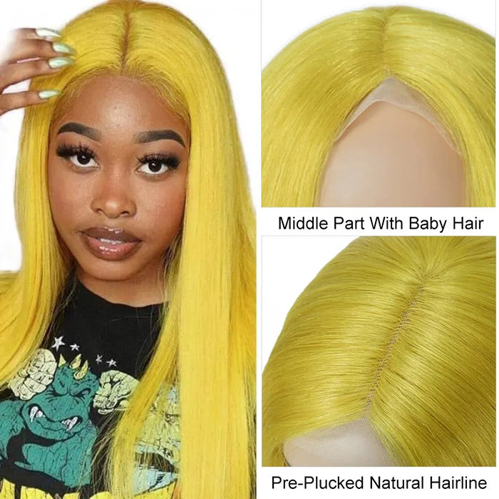 Yellow Colored Human Hair Wig HD  Lace Front Wigs Invisible Glueless Cosplay Wig For Women hermosahair