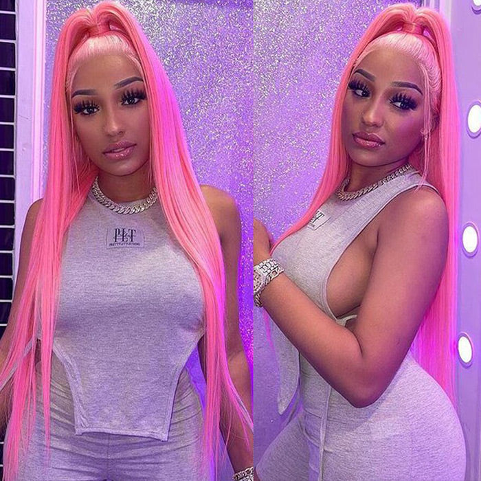 13x4 HD Lace Frontal  Human Hair Wigs Straight Pink Color Wig For Women Pre Plucked Bleached Knots - 1984brand