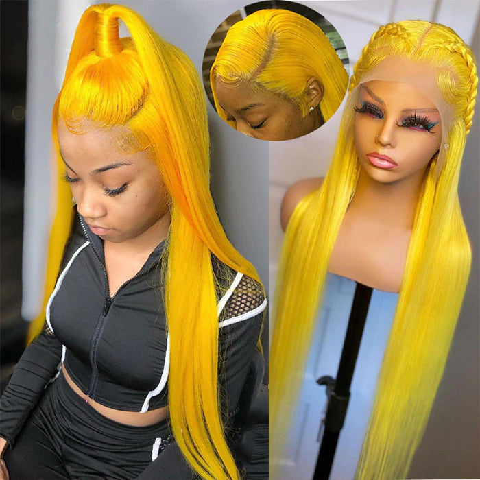 Yellow Colored Human Hair Wig HD  Lace Front Wigs Invisible Glueless Cosplay Wig For Women hermosahair