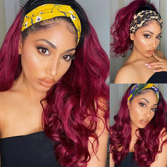 #99J Sugar Plum Color Headband Wig 100% Human Hair With Black Root | Throw On & Go - 1984brand